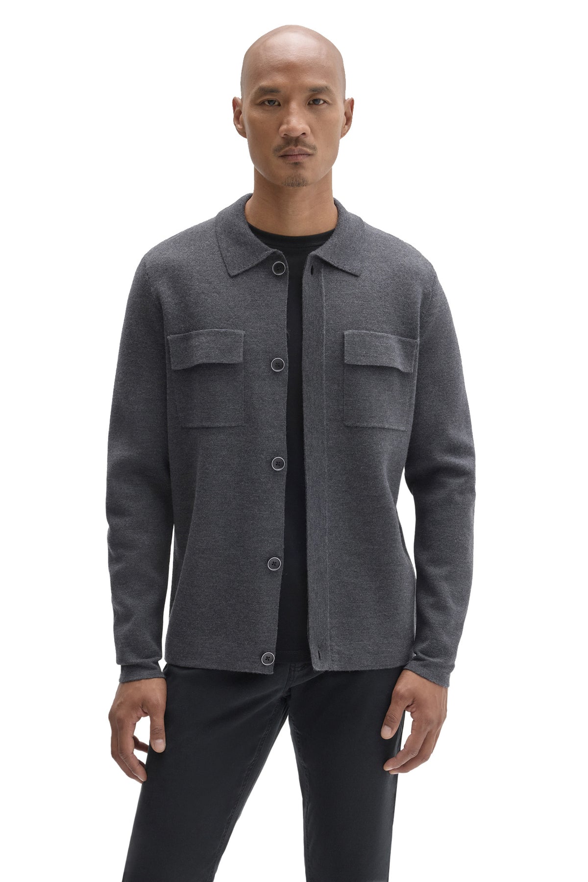 Front view of men's charcoal gray collared cardigan with dark buttons and flap chest pockets by Robert Barakett