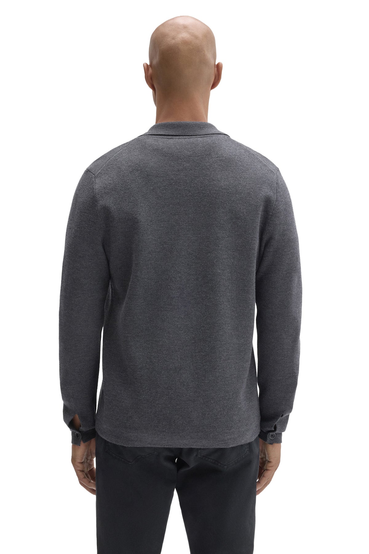 Robert Barakett men's charcoal gray collared cardigan with straight hem and buttoned cuffs shown from the back