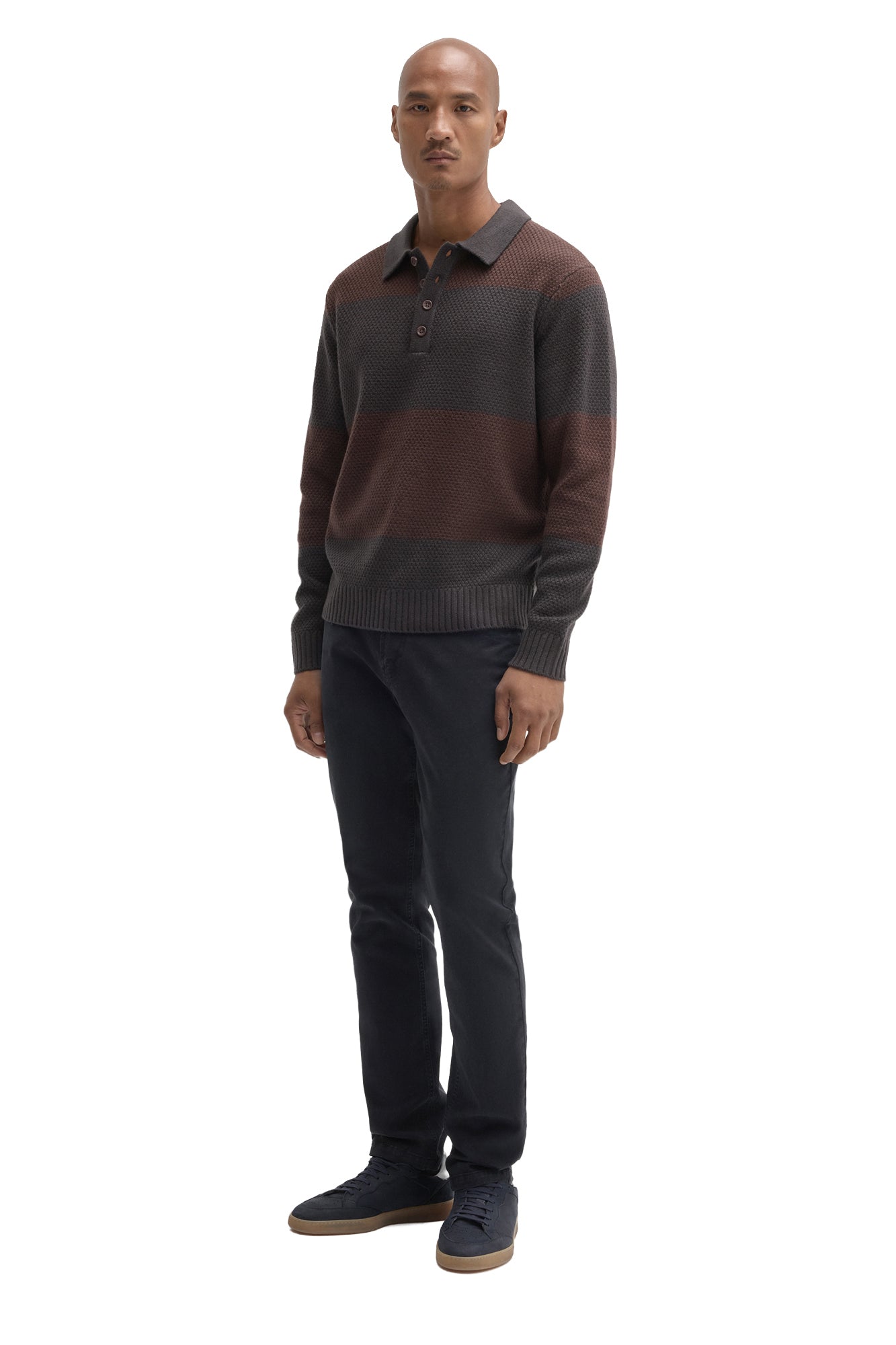 Robert Barakett men's angled full-body view of striped long sleeve knit polo in charcoal gray and brown, side view