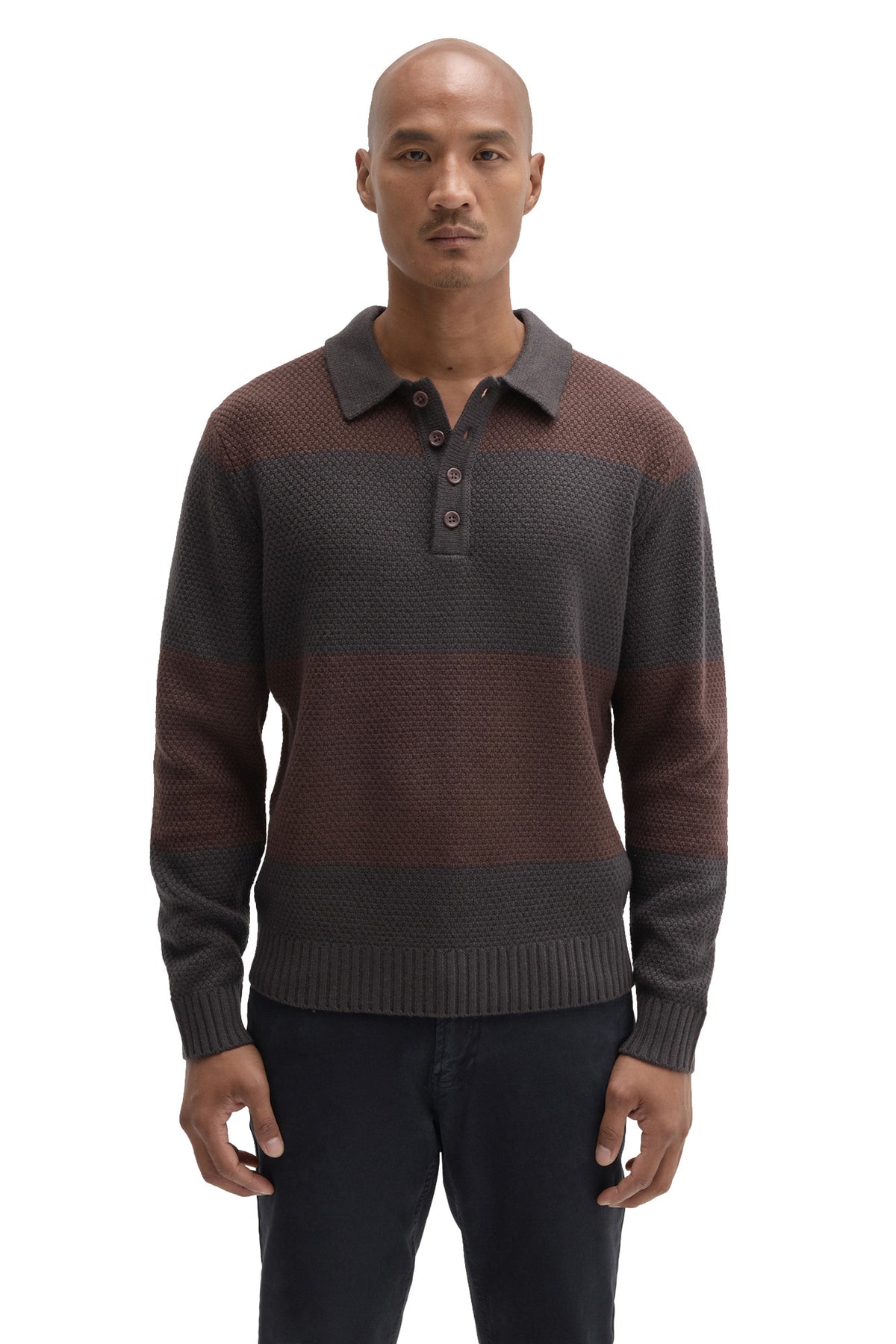 Robert Barakett men's charcoal gray and brown striped long sleeve knit polo with four-button placket shown from the front