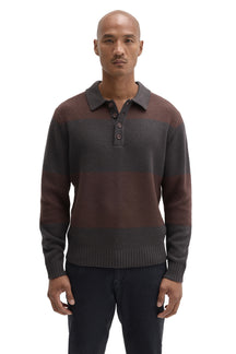 Robert Barakett men's charcoal gray and brown striped long sleeve knit polo with four-button placket shown from the front