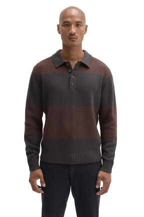 Robert Barakett men's charcoal gray and brown striped long sleeve knit polo with four-button placket shown from the front