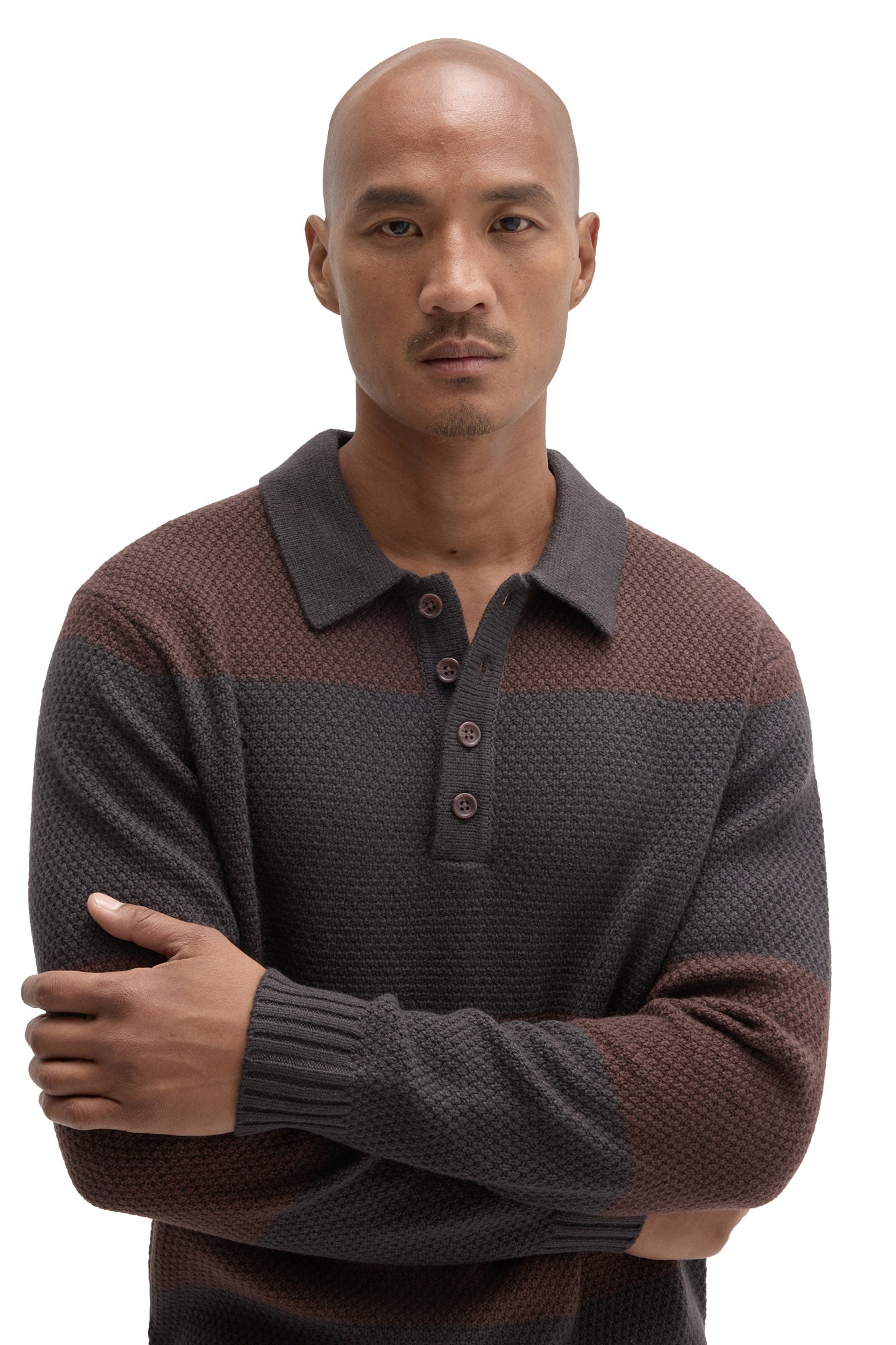 Men's close front view of striped knit long-sleeve polo showing gray collar and button placket by Robert Barakett