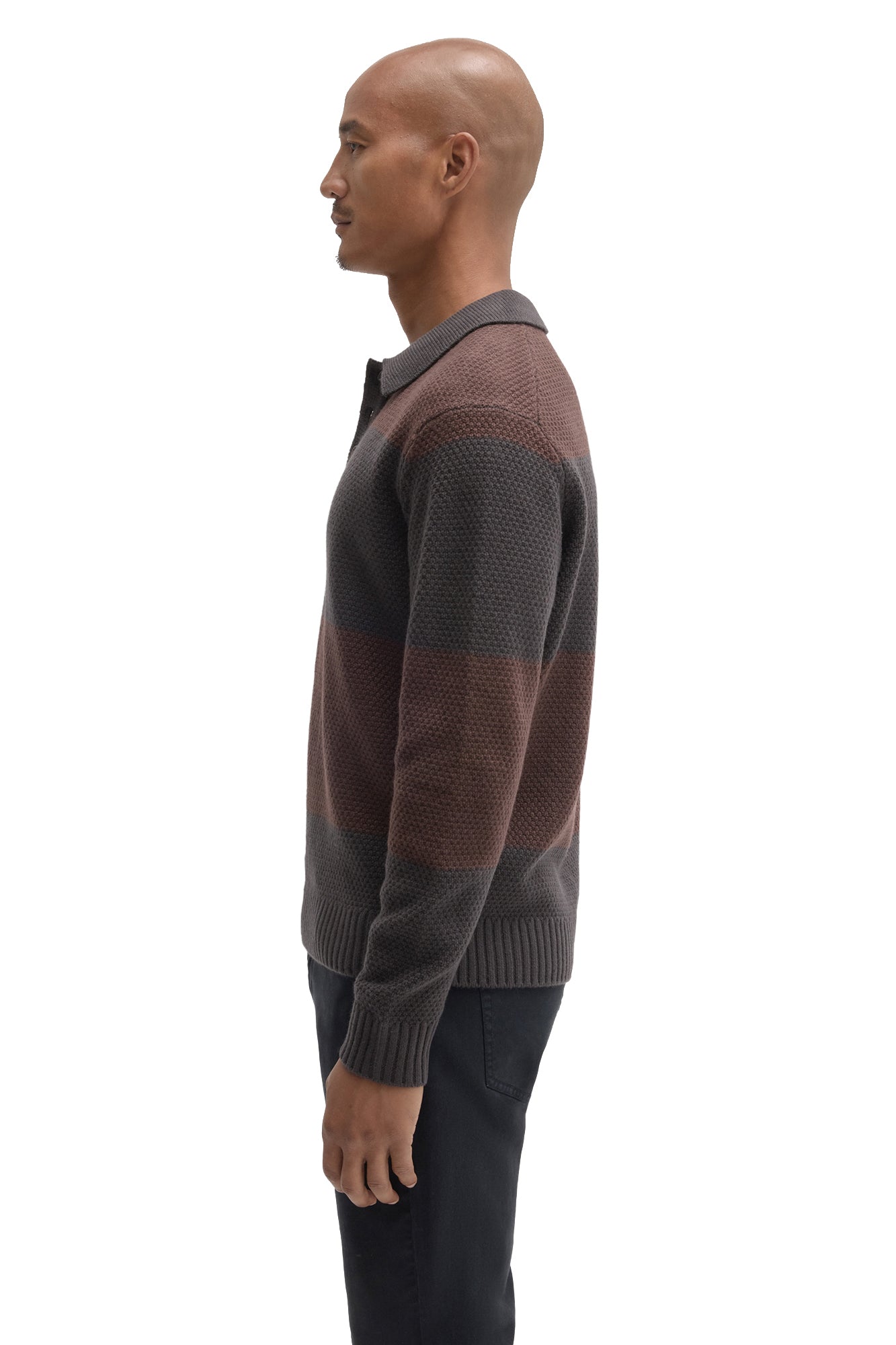 Robert Barakett men's charcoal gray and brown striped long sleeve knit polo with ribbed cuff and hem shown from the side