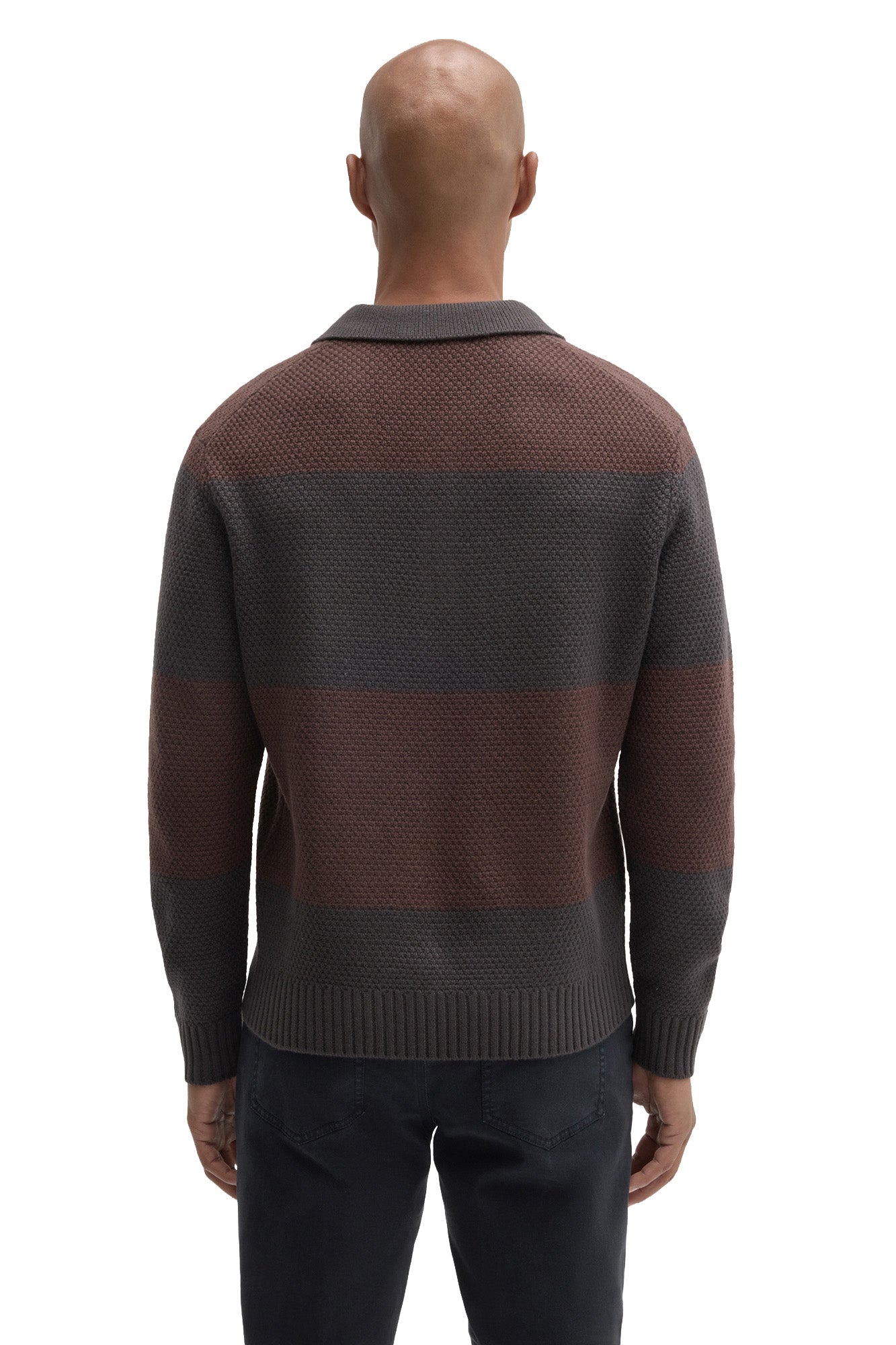 Robert Barakett men's charcoal gray and brown striped long sleeve knit polo with ribbed collar and hem, back view