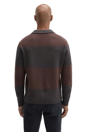 Robert Barakett men's charcoal gray and brown striped long sleeve knit polo with ribbed collar and hem, back view