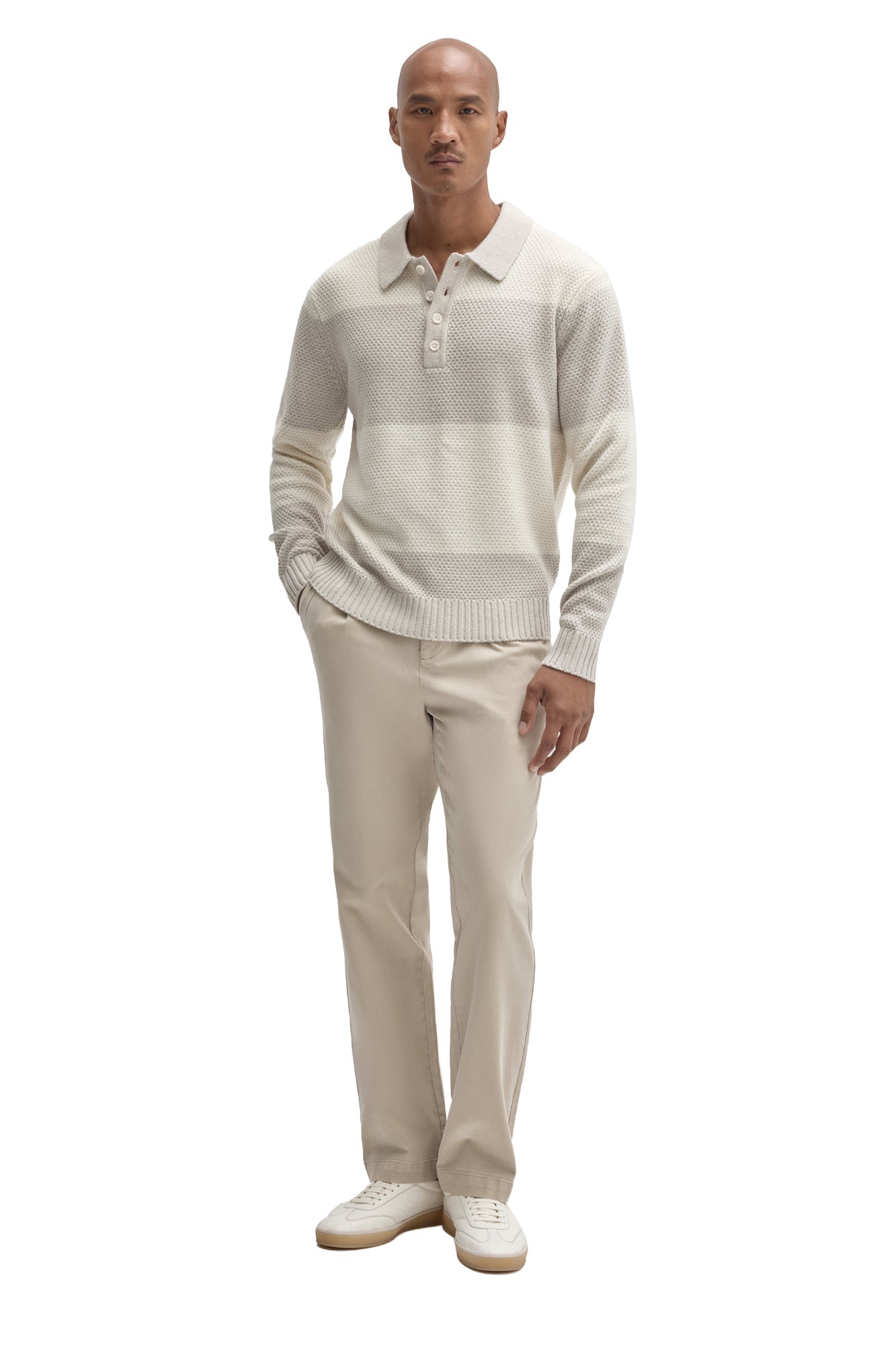 Robert Barakett men's full-body front view of ivory textured long sleeve knit polo with ribbed hem and beige pants