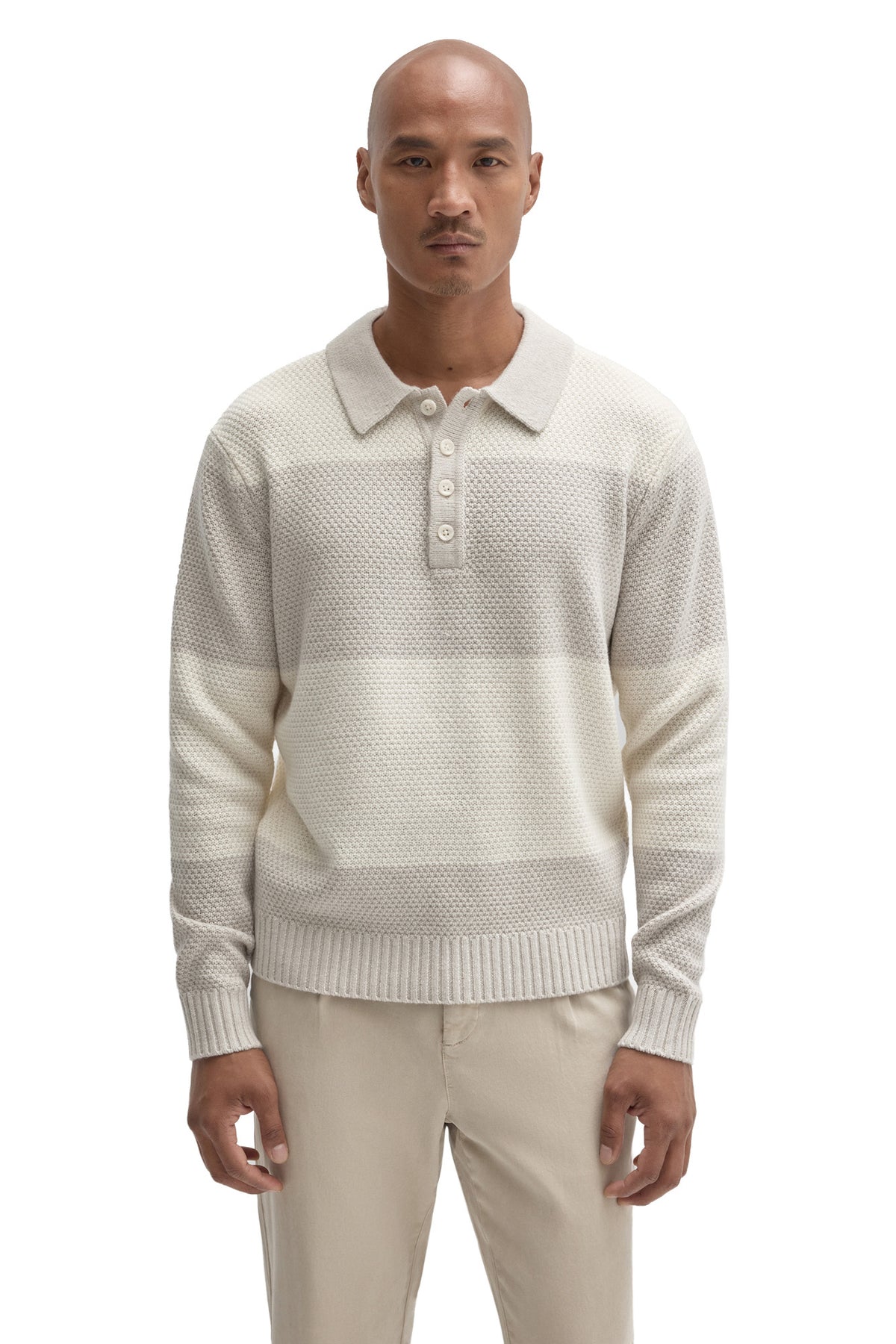 Robert Barakett men's ivory textured long sleeve knit polo with ribbed collar and four-button placket, front view