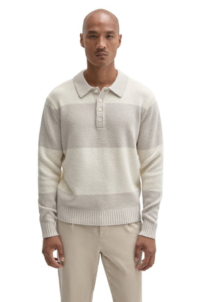 Robert Barakett men's ivory textured long sleeve knit polo with ribbed collar and four-button placket, front view
