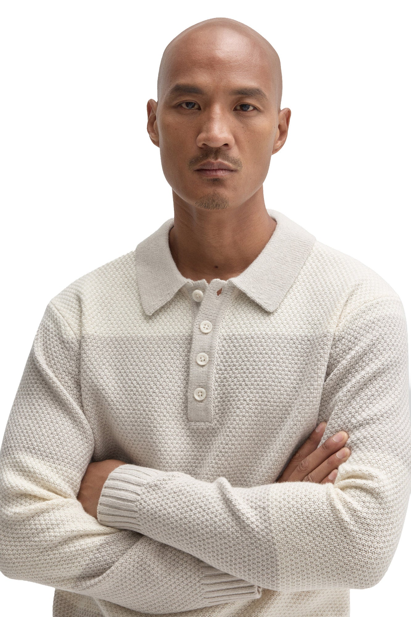 Robert Barakett men's close front detail of ivory textured knit long-sleeve polo with ribbed collar and four-button placket