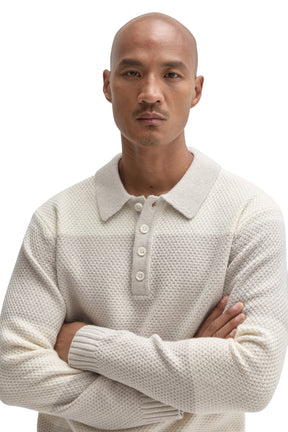 Robert Barakett men's close front detail of ivory textured knit long-sleeve polo with ribbed collar and four-button placket