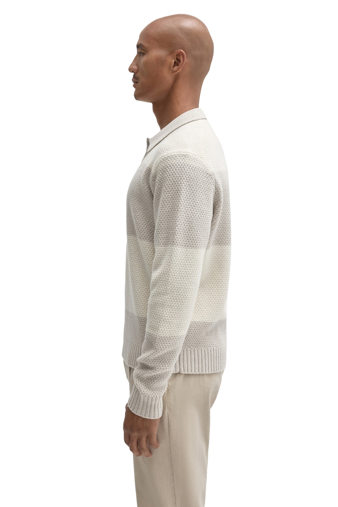 Robert Barakett men's ivory textured long sleeve knit polo showing ribbed cuff, hem, and collar, side view