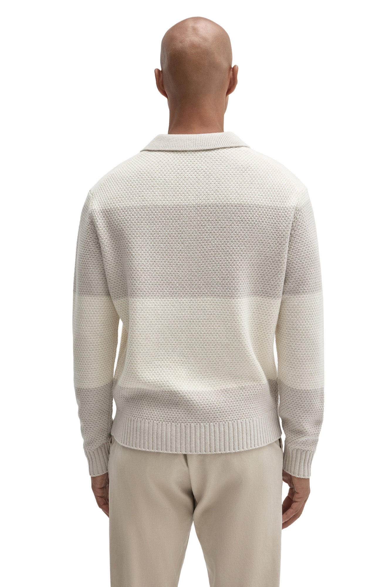 Robert Barakett men's ivory and light gray textured knit long-sleeve polo with ribbed collar, cuffs, and hem, back view