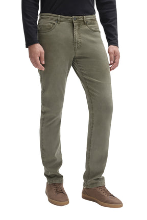 Front view of men's olive green straight-leg five-pocket pants with button waistband and fly by Robert Barakett