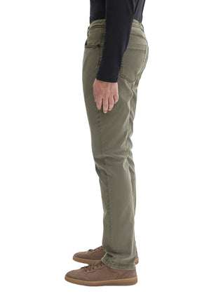 Robert Barakett men's olive green straight-leg pants showing the back pocket and stitched outer seam, side view