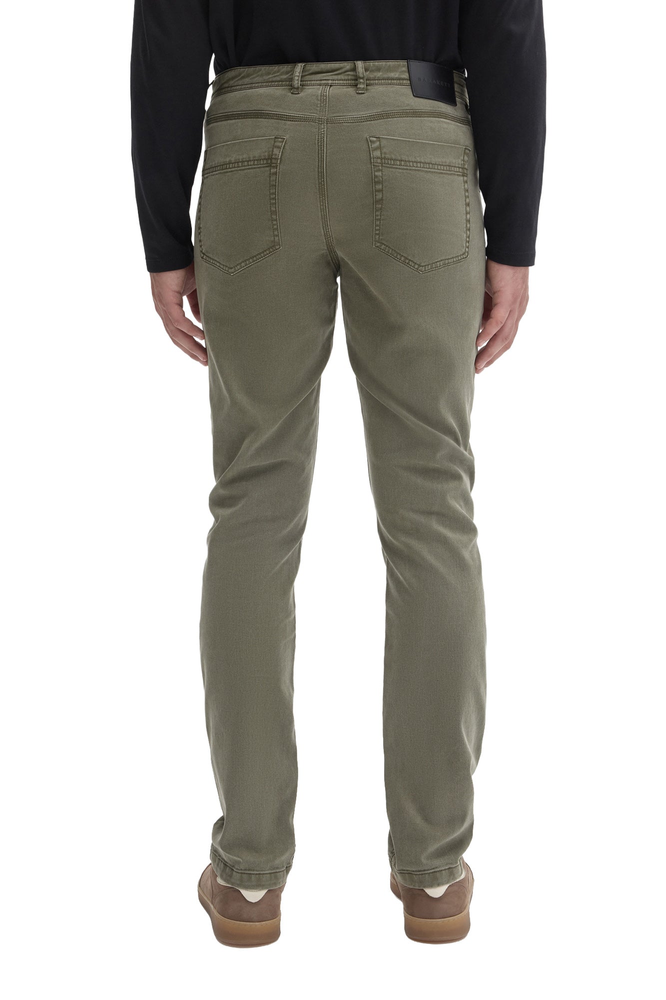 Robert Barakett men's olive green straight-leg pants with patch pockets and black waistband logo patch, back view