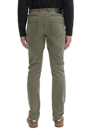 Robert Barakett men's olive green straight-leg pants with patch pockets and black waistband logo patch, back view