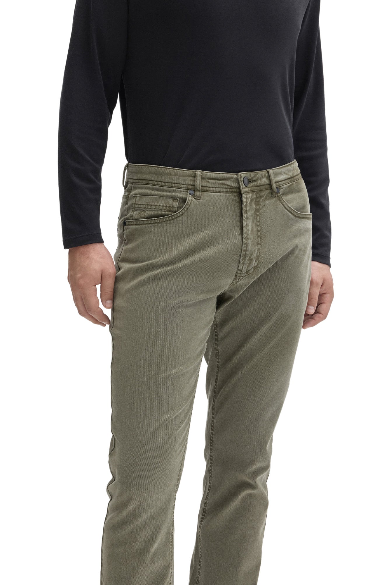 Men's close front detail of olive green straight-leg pants showing belt loops, coin pocket and button by Robert Barakett