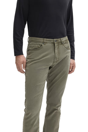 Men's close front detail of olive green straight-leg pants showing belt loops, coin pocket and button by Robert Barakett