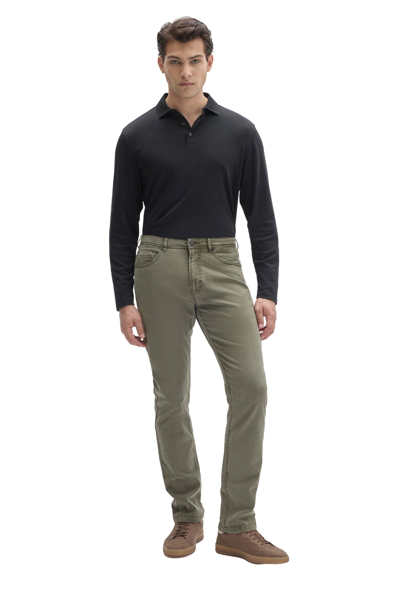 Robert Barakett men's olive green straight-leg pants with five-pocket styling and stitched hems shown from the front