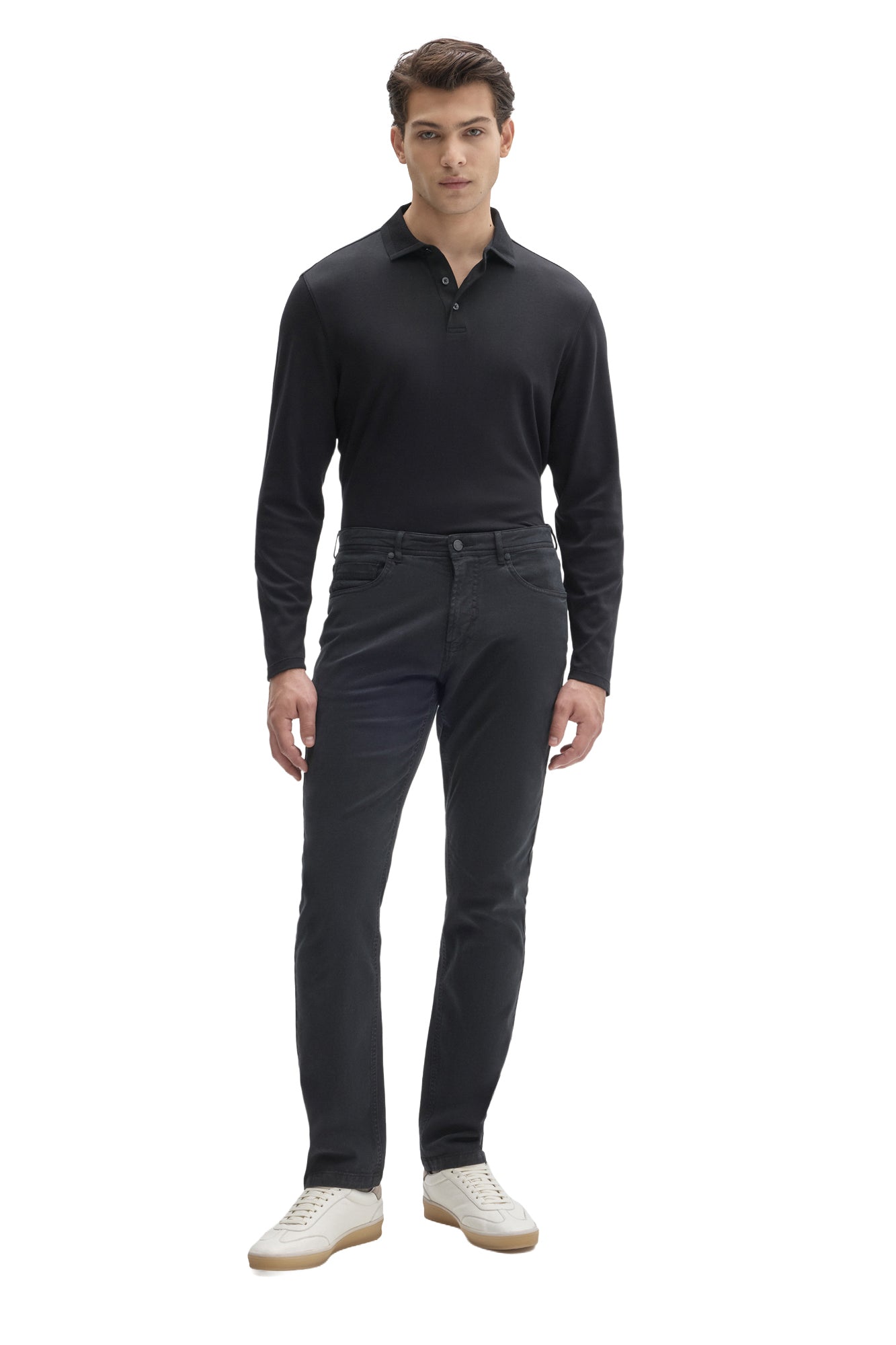 Robert Barakett men's full front model view of dark charcoal straight leg pants worn with a black polo