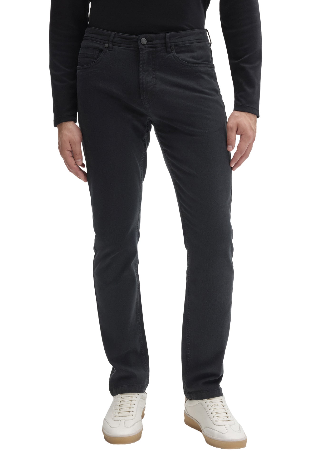 Robert Barakett men's dark charcoal straight leg pants with five-pocket styling and button fly, front view