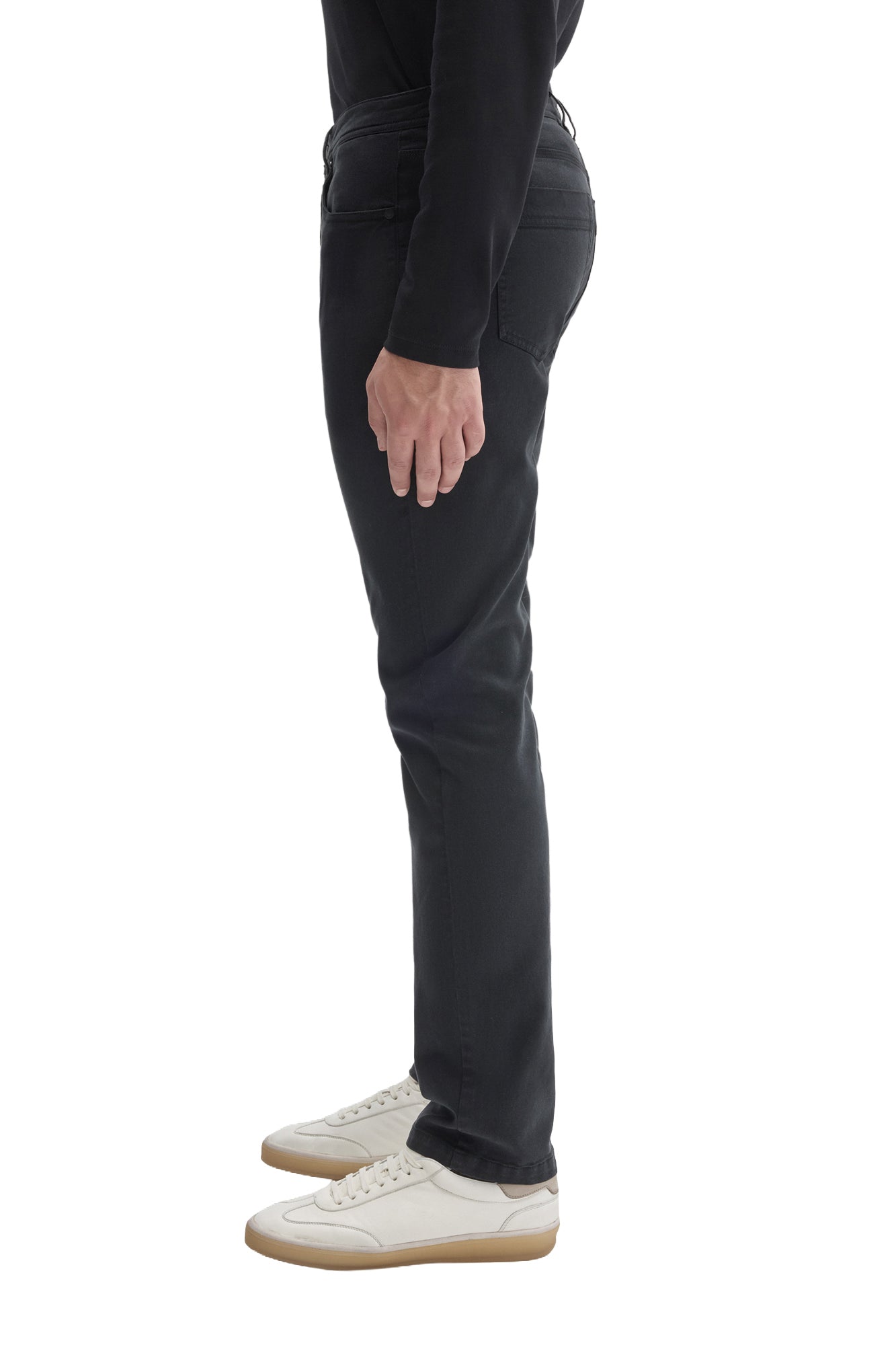 Robert Barakett men's dark charcoal straight leg pants with five-pocket construction and plain hem, side view