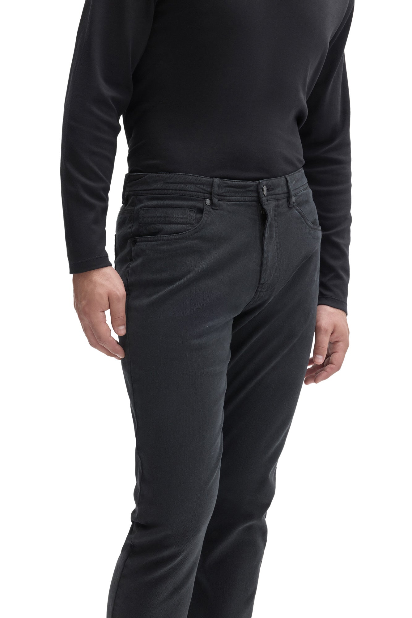 Men's angled close view of dark charcoal straight-leg pants showing front pocket and coin pocket by Robert Barakett