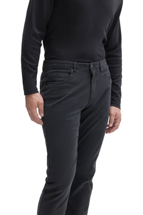 Men's angled close view of dark charcoal straight-leg pants showing front pocket and coin pocket by Robert Barakett