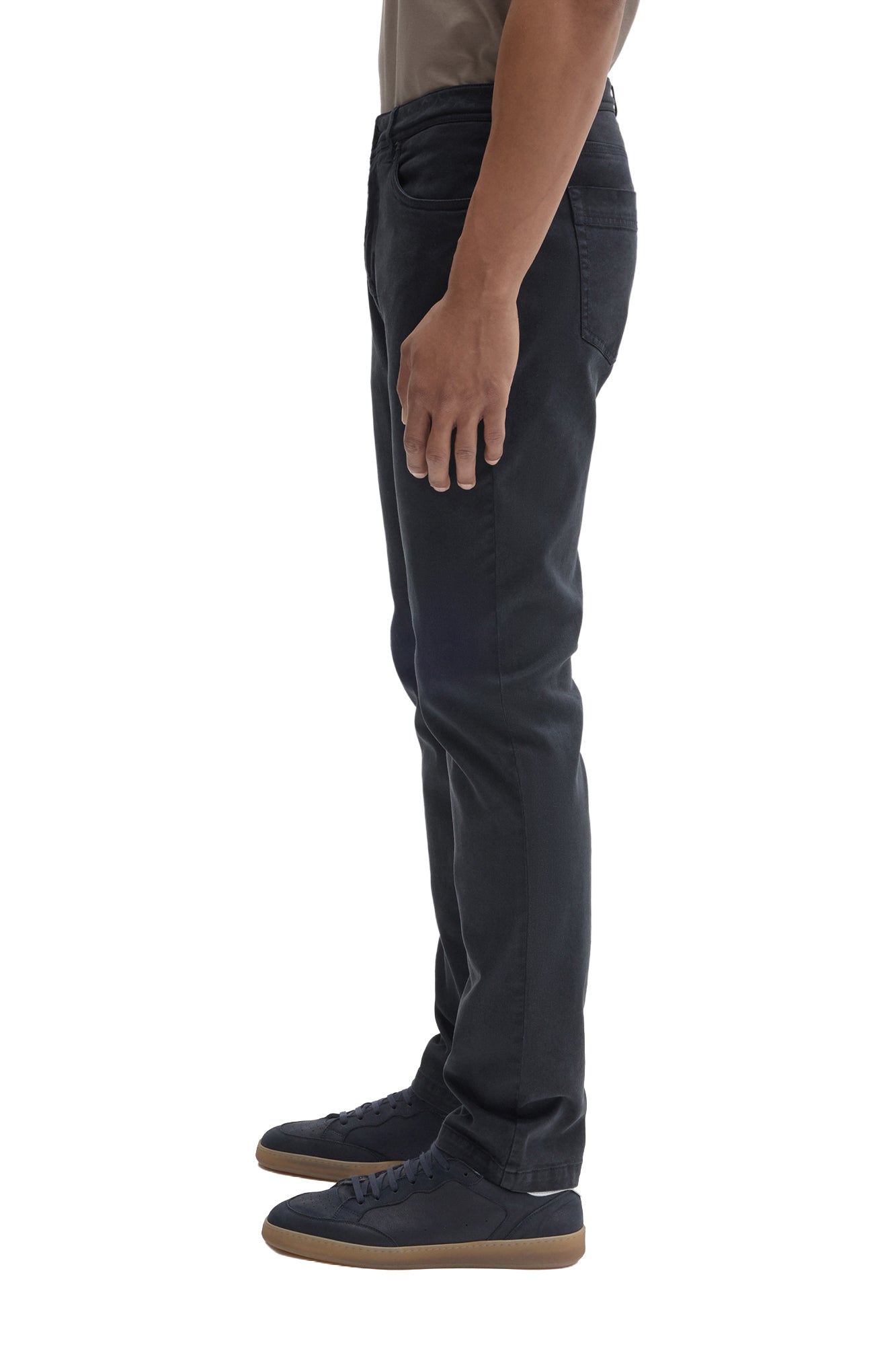 Robert Barakett men's washed black straight-leg jeans showing, front pocket edge, and back patch pocket, side view