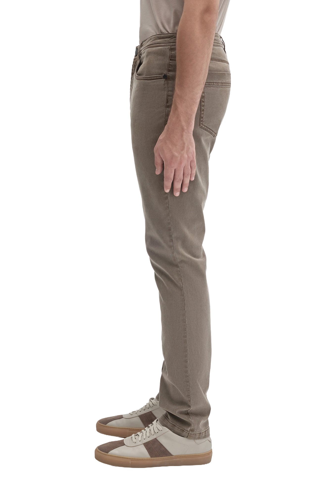 Robert Barakett men's taupe gray slim straight-leg jeans showing the, side seam, and back pocket edge, side view