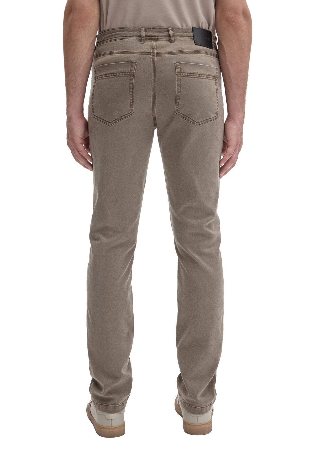 Robert Barakett men's taupe gray straight-leg jeans with two patch pockets, belt loops, and black waistband patch, back view