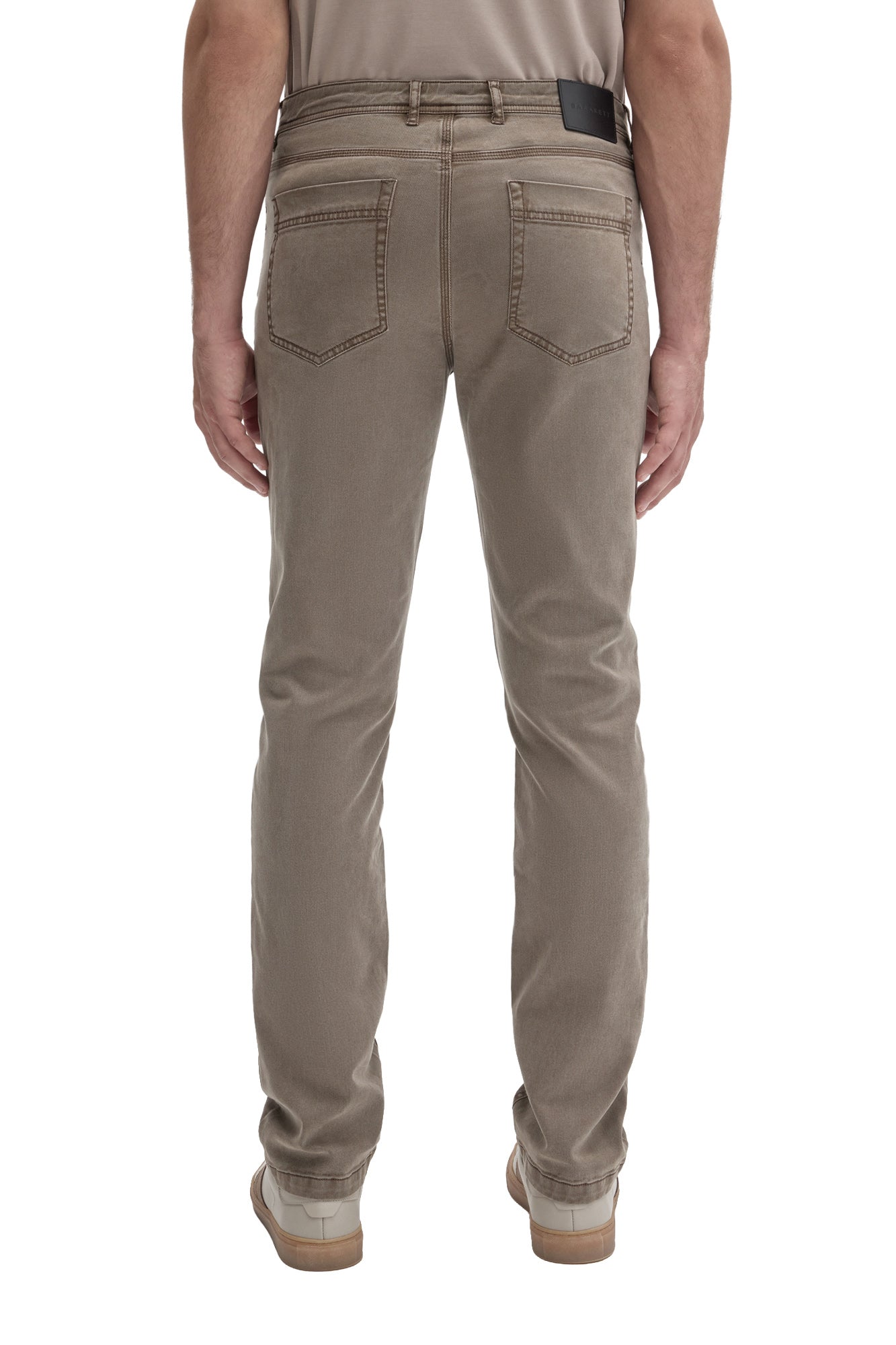 Robert Barakett men's taupe gray straight-leg jeans with two patch pockets, belt loops, and black waistband patch, back view