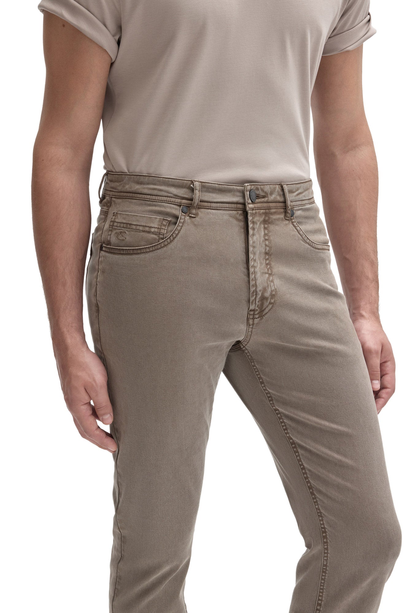 Men's close front detail of taupe gray straight-leg jeans with button fly area and coin pocket by Robert Barakett