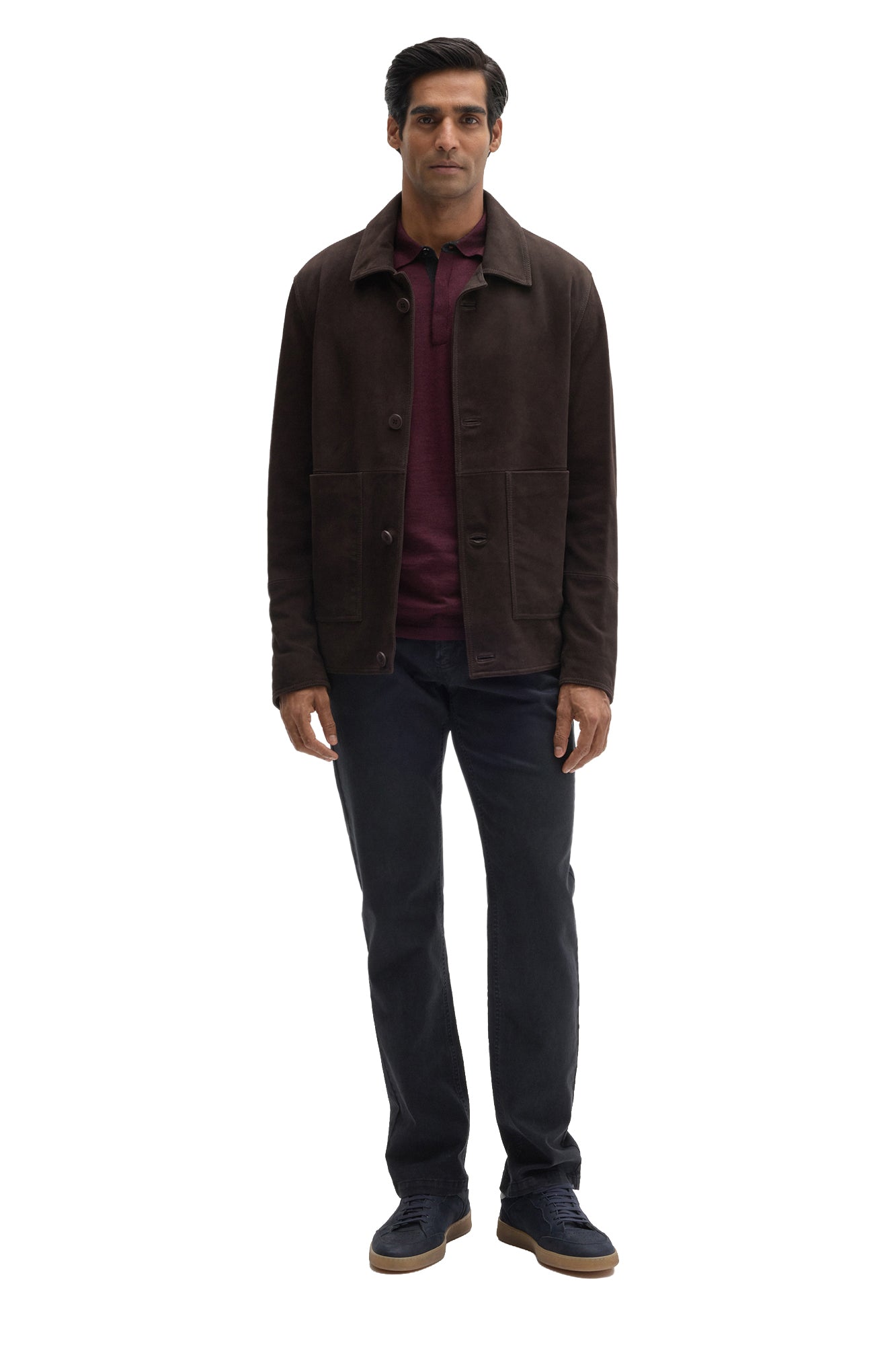 Men's full-length front view of dark brown suede jacket with buttons, patch pockets, and straight hem by Robert Barakett
