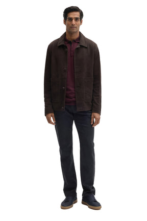Men's full-length front view of dark brown suede jacket with buttons, patch pockets, and straight hem by Robert Barakett