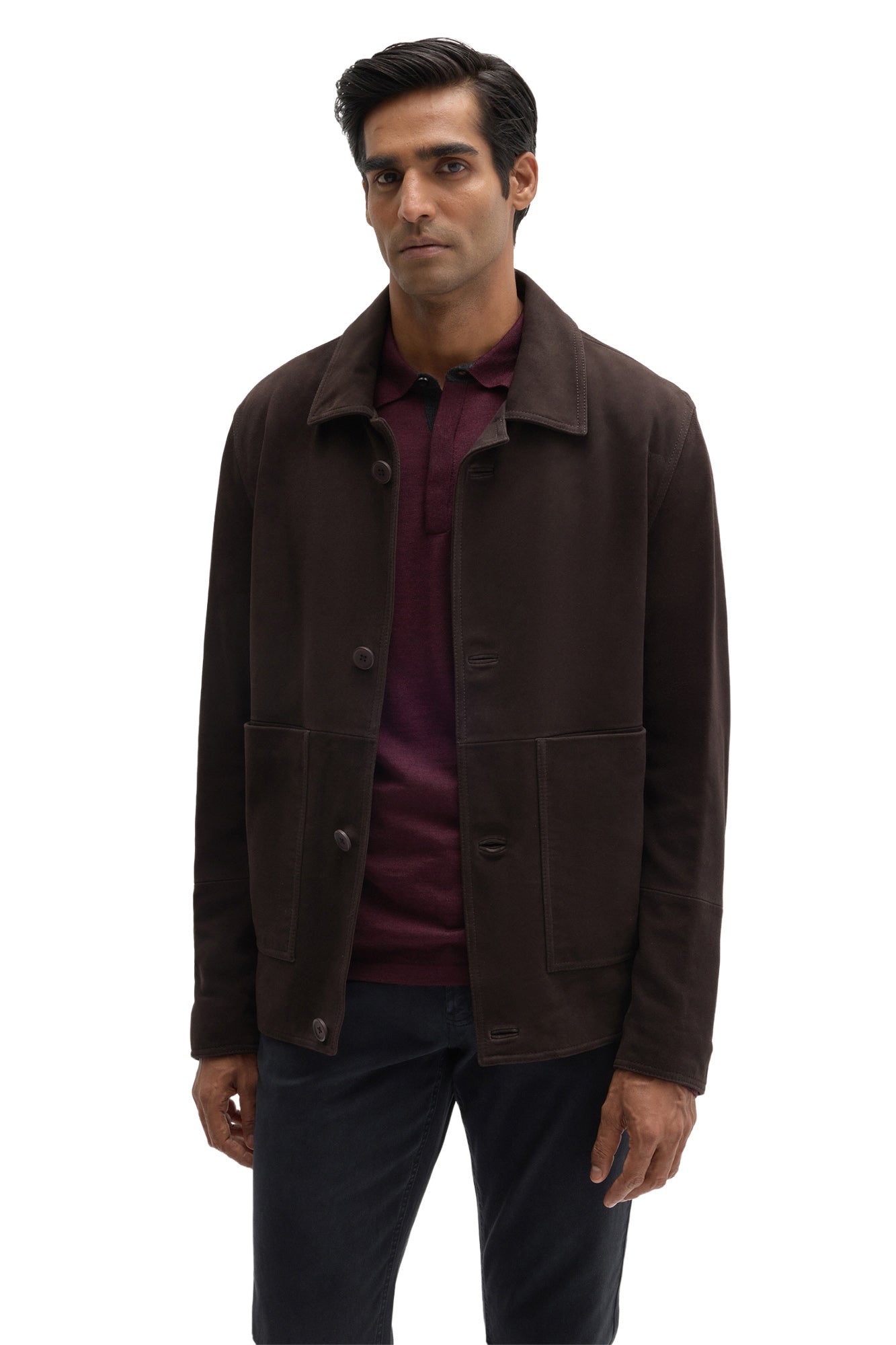Robert Barakett men's dark brown suede jacket with point collar, button closure, and patch pockets shown from the front