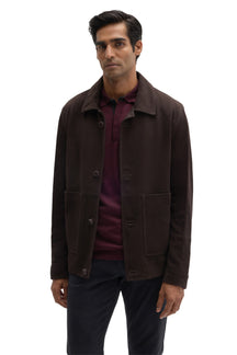 Veste en suède brun foncé avec col, fermeture boutonnée et poches appliquées pour homme par Robert Barakett, vue de face