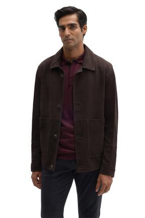 Robert Barakett men's dark brown suede jacket with point collar, button closure, and patch pockets shown from the front