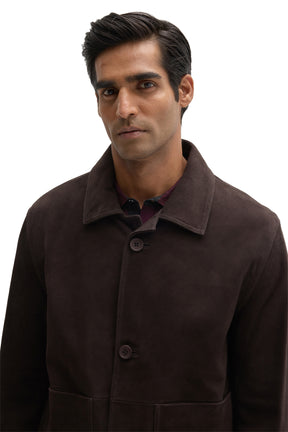 Robert Barakett men's close front view of dark brown suede jacket with point collar, button placket, and topstitching