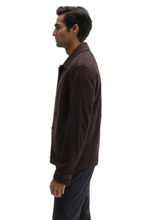 Robert Barakett men's dark brown suede jacket with point collar, stitched shoulder, and button cuff, side view