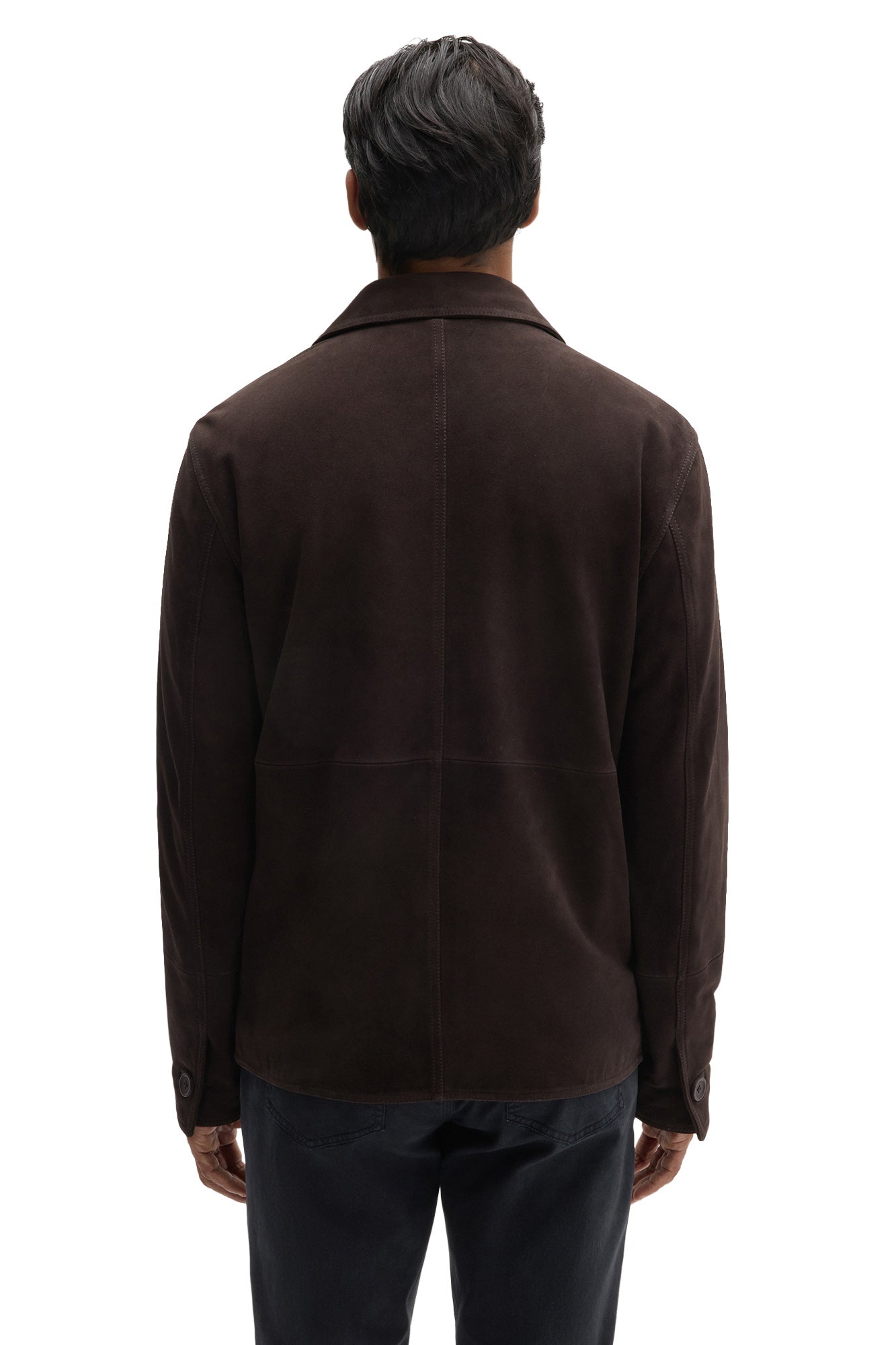 Robert Barakett men's dark brown suede jacket with point collar, center seam, and button cuffs, back view