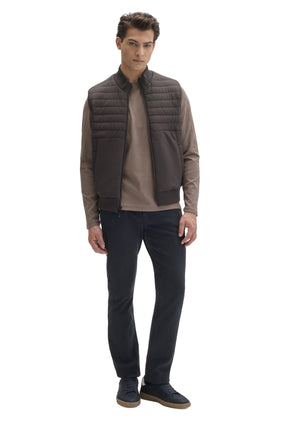 Robert Barakett men's full front view of dark taupe quilted zip vest with ribbed trim worn over a tan top