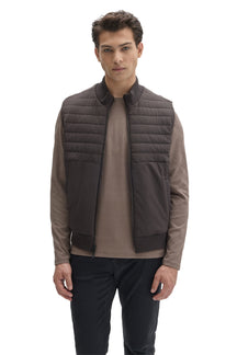 Robert Barakett men's dark taupe quilted zip vest with ribbed collar, hem, and side pockets, front view