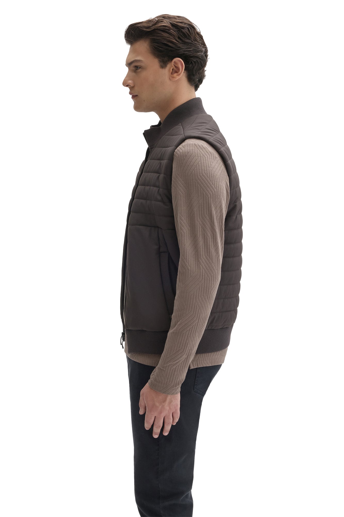 Robert Barakett men's dark taupe quilted vest showing padded panels, zipper, and ribbed hem, side view