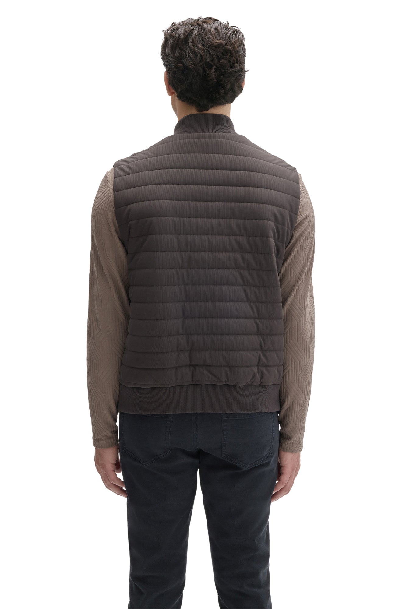 Robert Barakett men's dark taupe quilted vest with horizontal padded panels and ribbed hem, back view