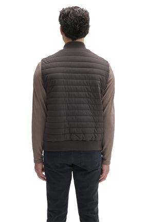 Robert Barakett men's dark taupe quilted vest with horizontal padded panels and ribbed hem, back view