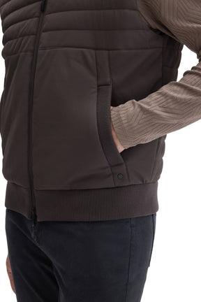 Robert Barakett men's pocket detail on dark taupe quilted vest with rib-knit trim and front zipper