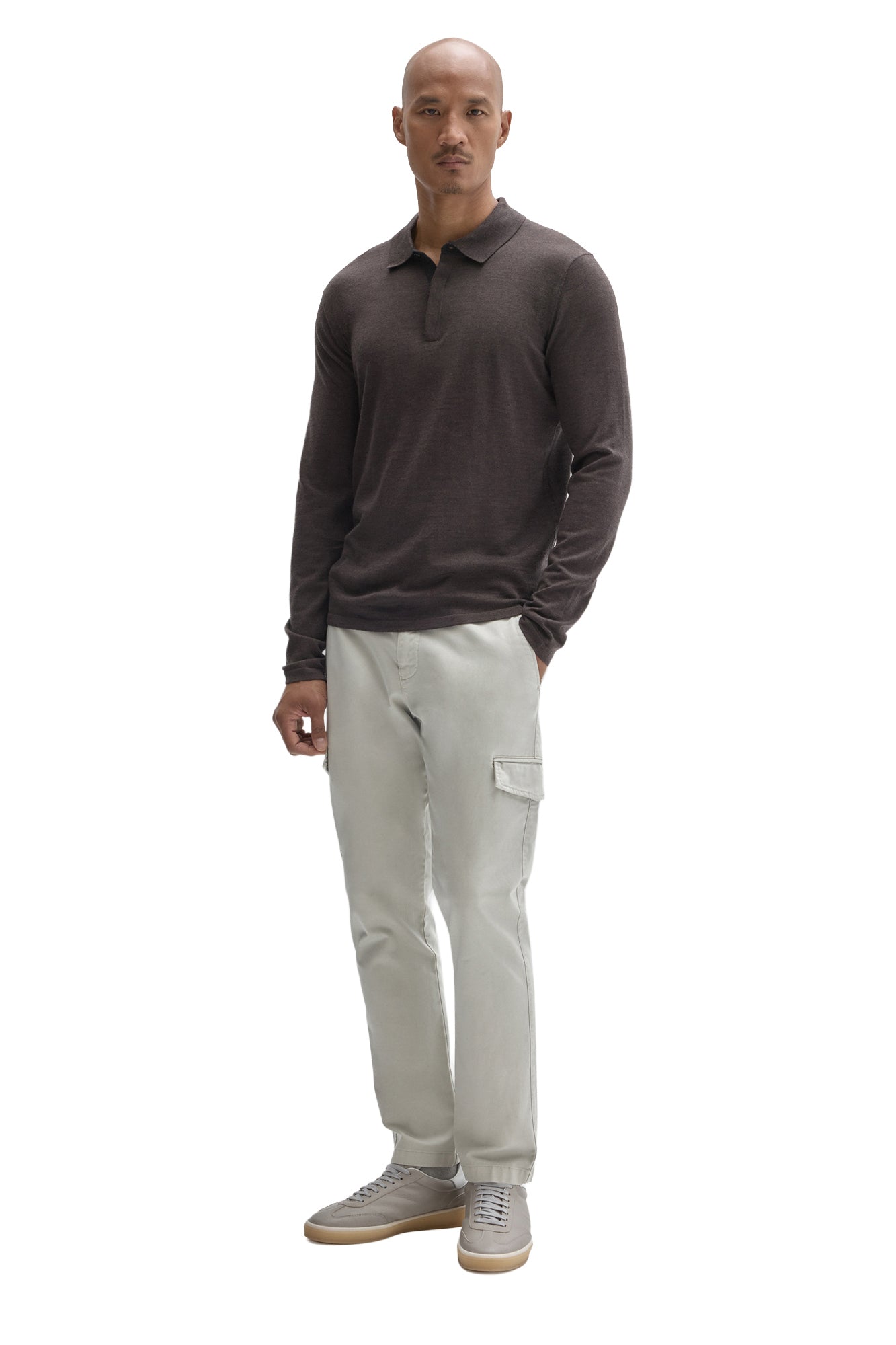 Robert Barakett men's full-body front view of a dark brown long sleeve polo shirt with collar and partial placket