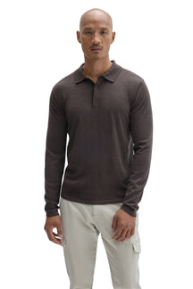 Robert Barakett men's dark brown long sleeve polo shirt with flat collar, partial placket, and straight hem, front view